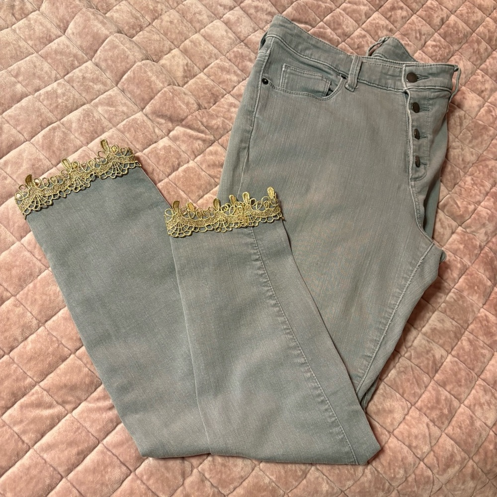 Gray Lace Trim Women Jeans